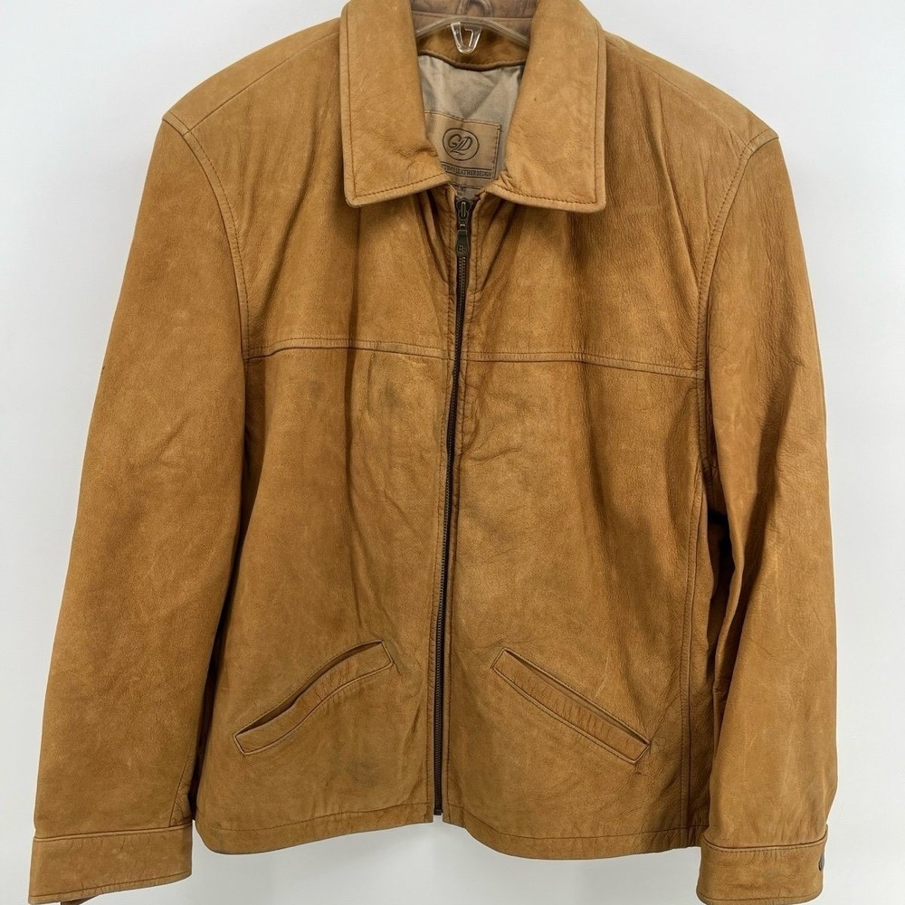 Georgetown Leather Design Mens Jacket XL Tan Full Zip Bomber Pockets Side Zips